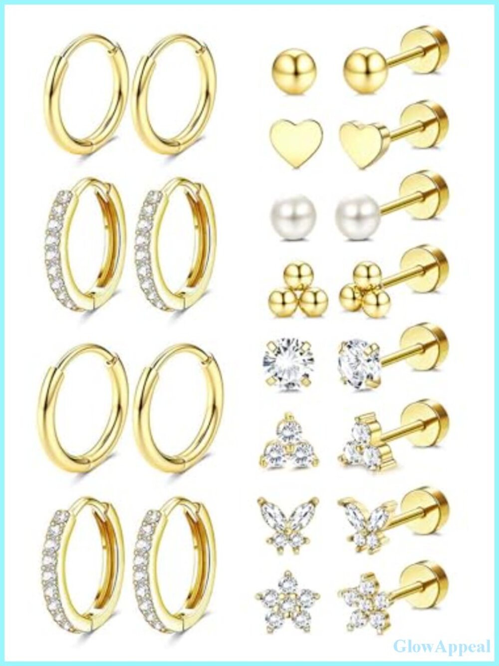 14k Gold Plated Hypoallergenic Flat Back Stud Earrings Set